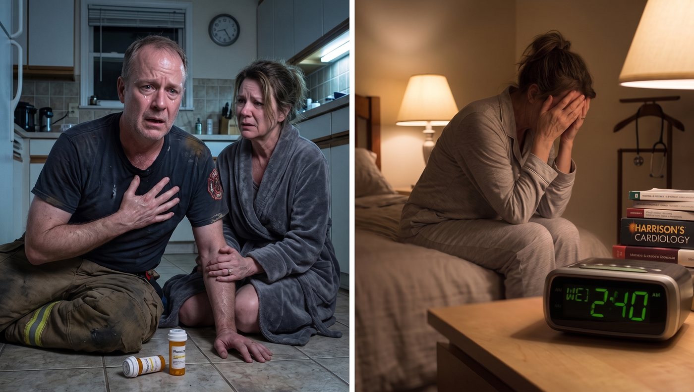 Firefighter clutching his chest on the kitchen floor beside his wife; bedside clock reading 2:40 AM