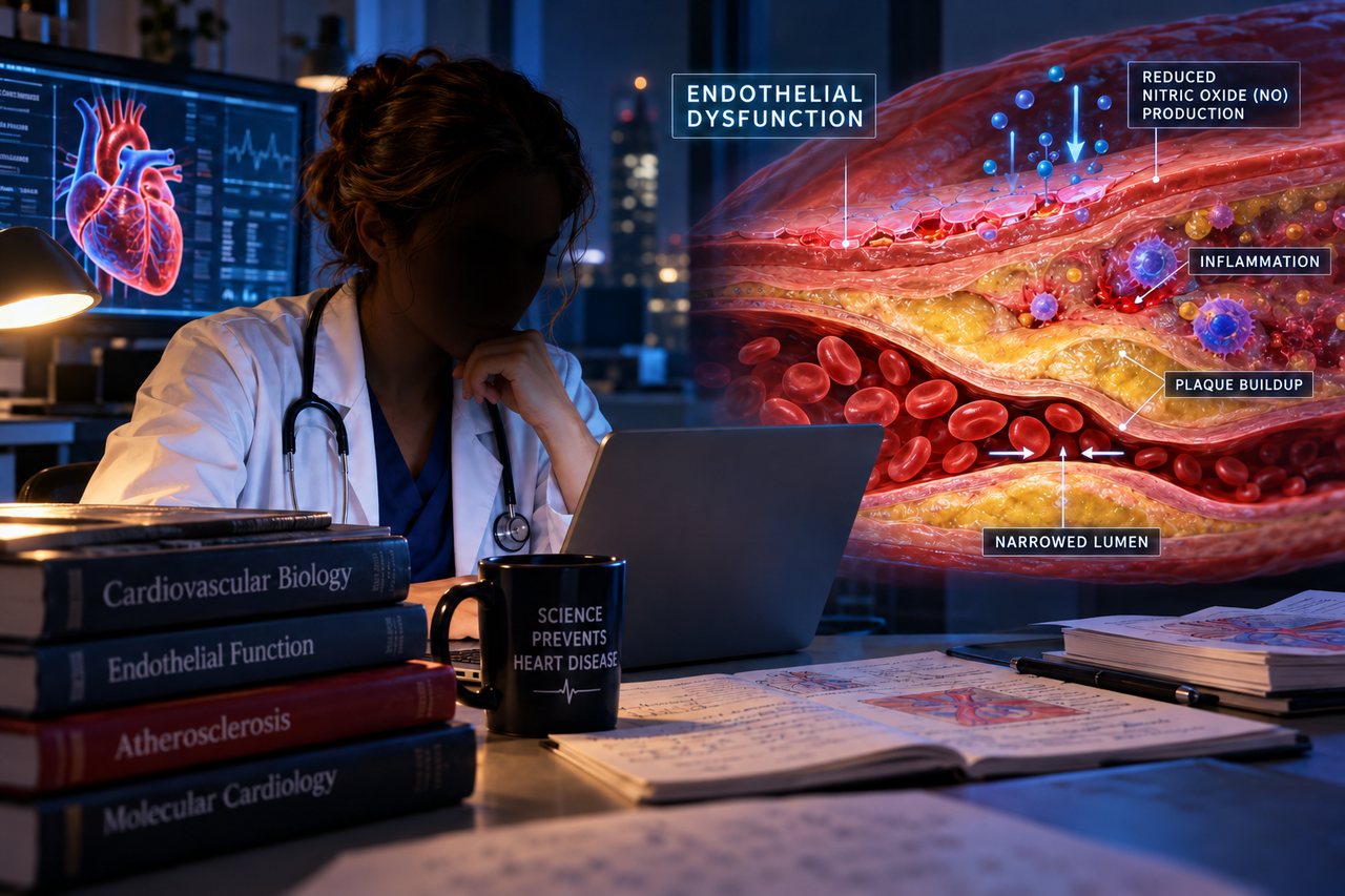 Cardiologist researching endothelial dysfunction late at night