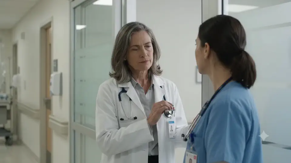 Animation: a colleague pulls the doctor aside in the hospital corridor, then word spreads as patients share their results
