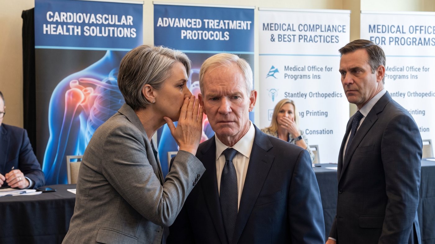 A colleague whispering a warning to a doctor at a cardiology conference