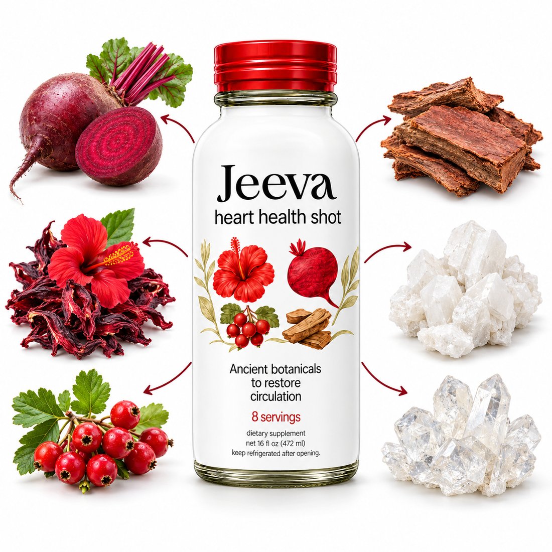 Jeeva heart health shot surrounded by its six ingredients: beetroot, hibiscus, hawthorn berry, arjuna bark, magnesium and potassium