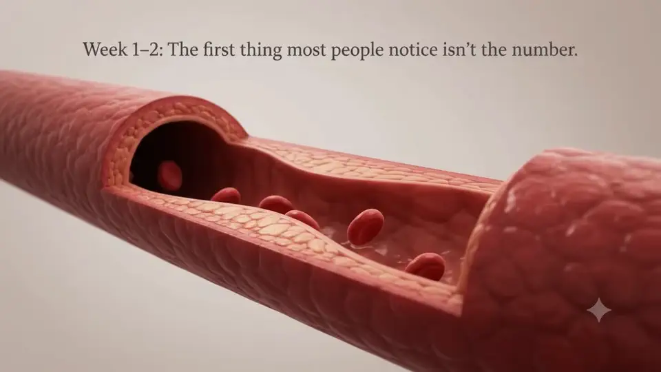 Animation: week by week, the vessel relaxes and blood pressure balances over 12 weeks