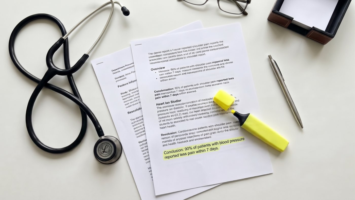 Study results with a highlighted conclusion beside a stethoscope