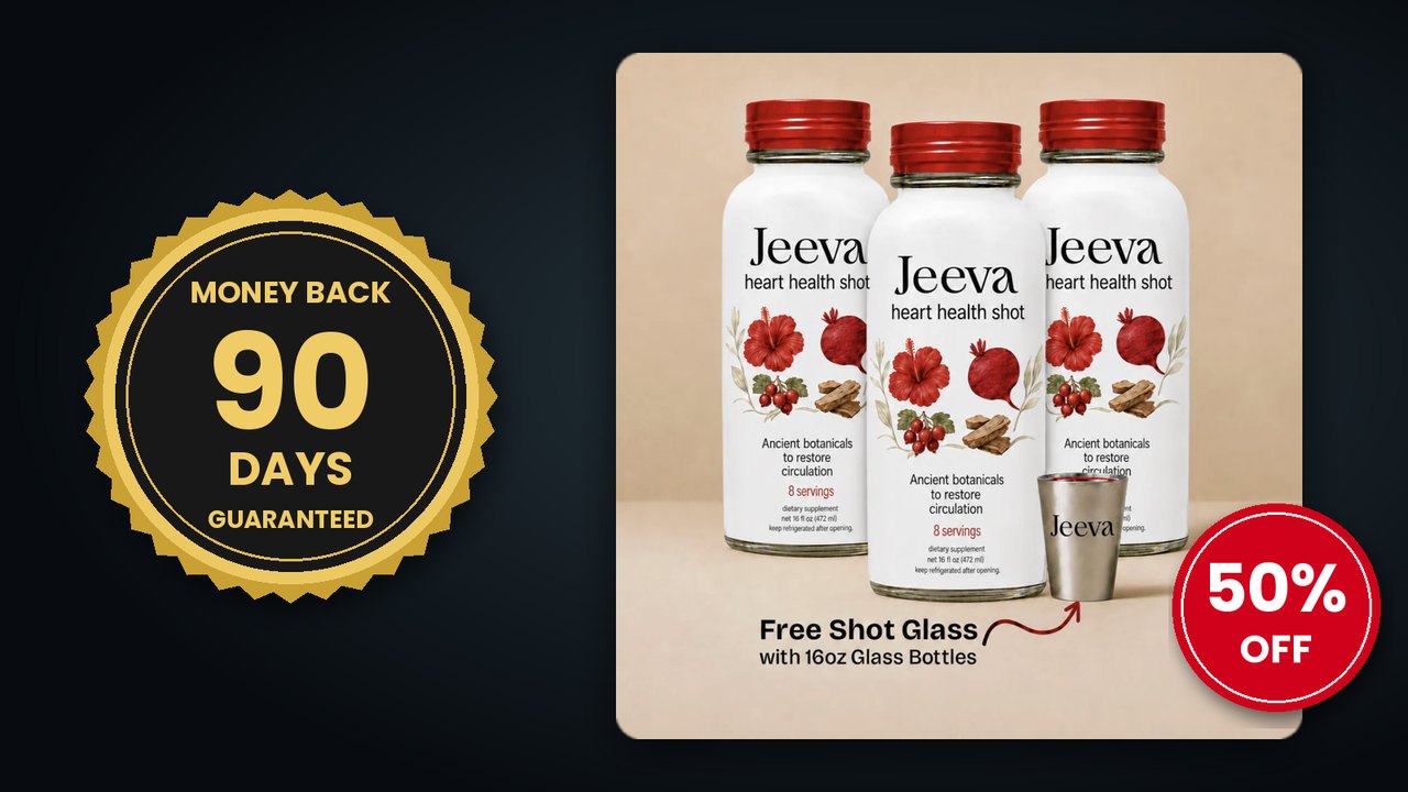 Jeeva bottles with a 90-day money-back seal and 50% off badge