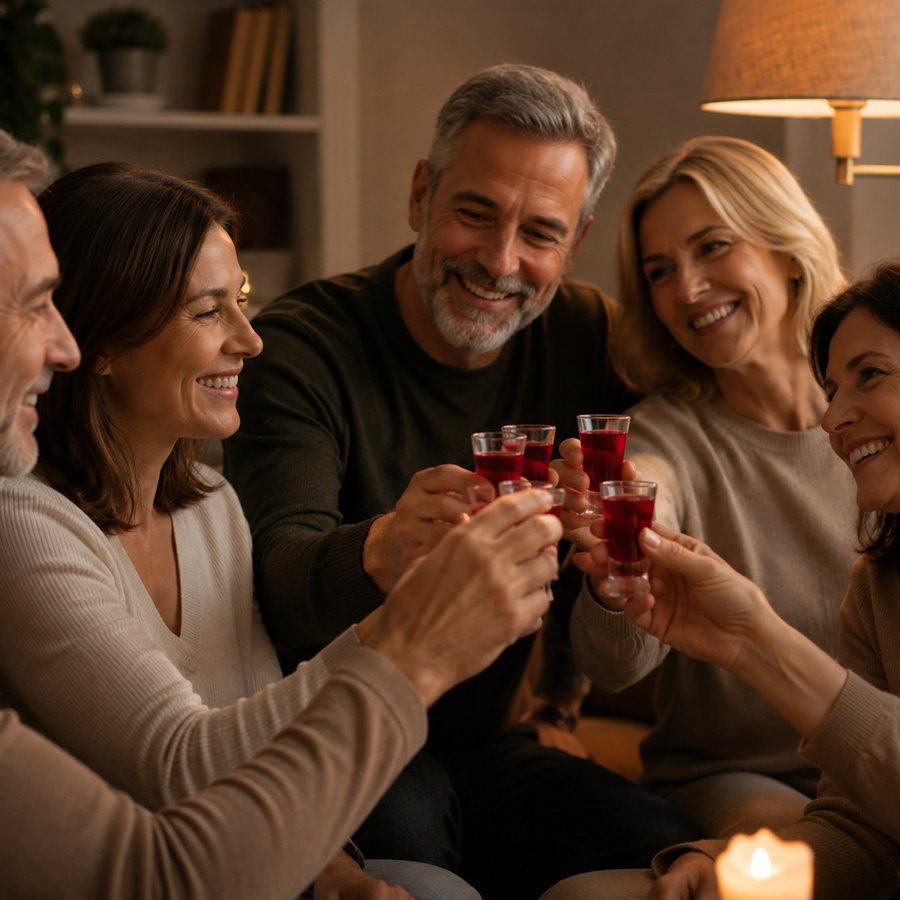 Friends toasting with small glasses of red juice