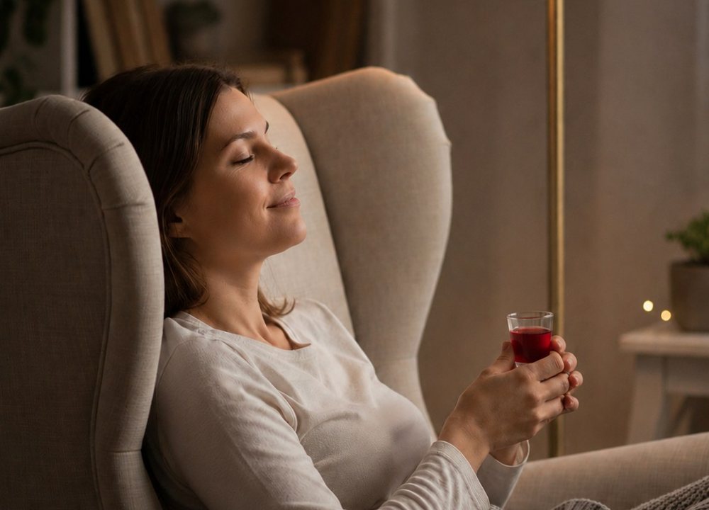 Woman relaxing in an armchair with a small glass of juice