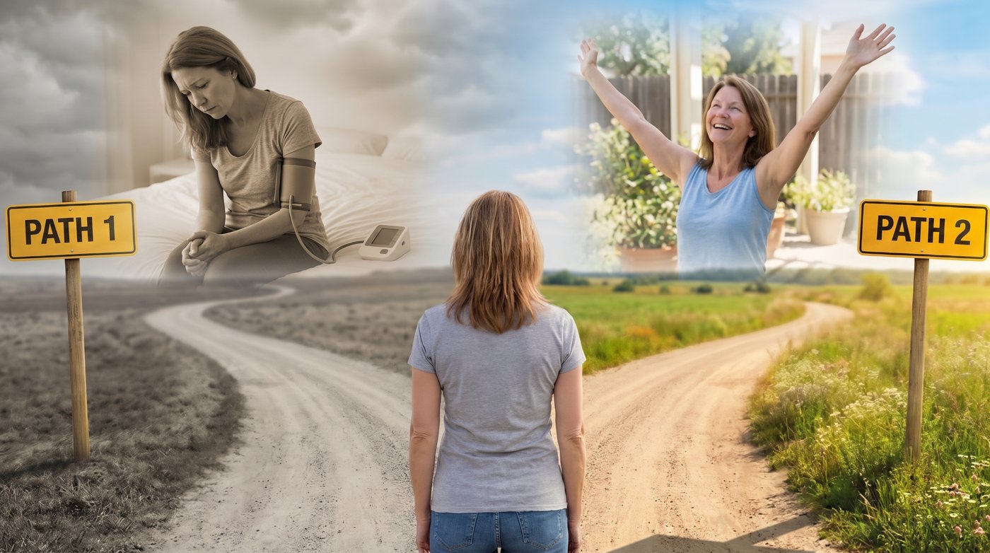 A woman at a crossroads between Path 1, a stressed blood pressure check, and Path 2, a joyful healthy life