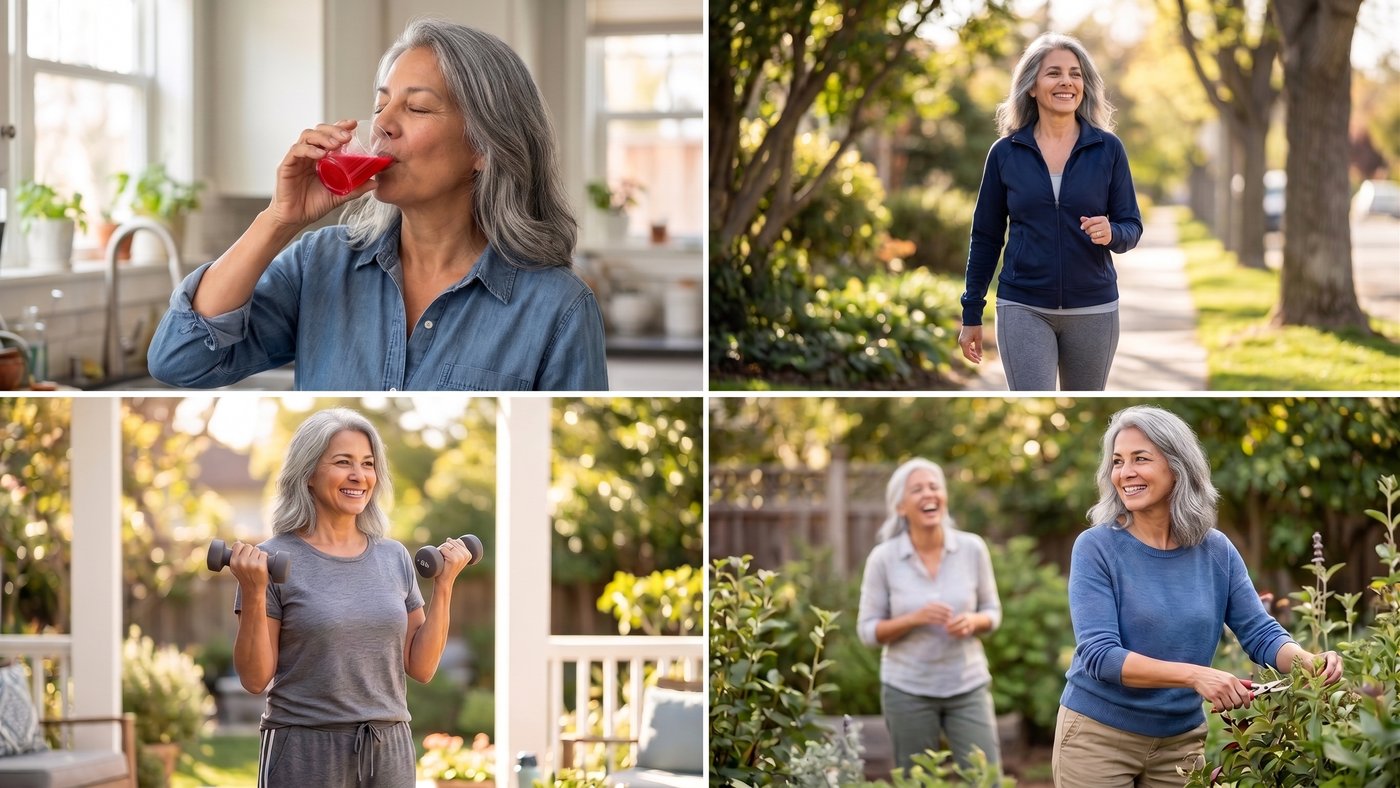 A woman drinking her morning shot, then walking, exercising and gardening with a friend