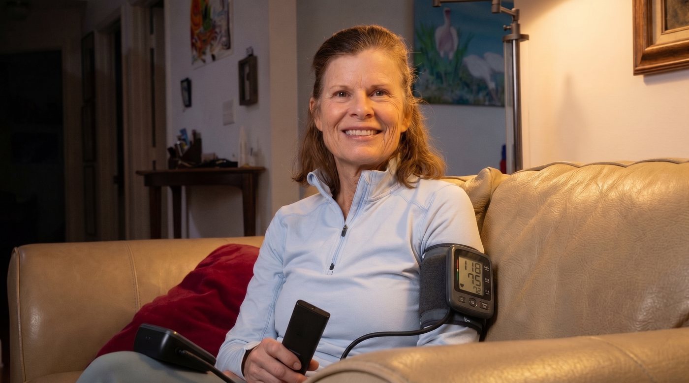 Woman smiling on her couch after a healthy blood pressure reading