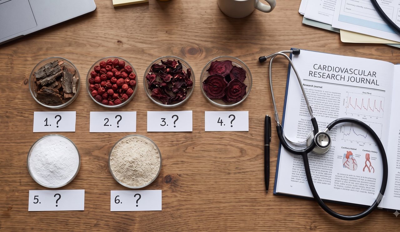 Six botanical ingredients laid out beside a stethoscope and research journal